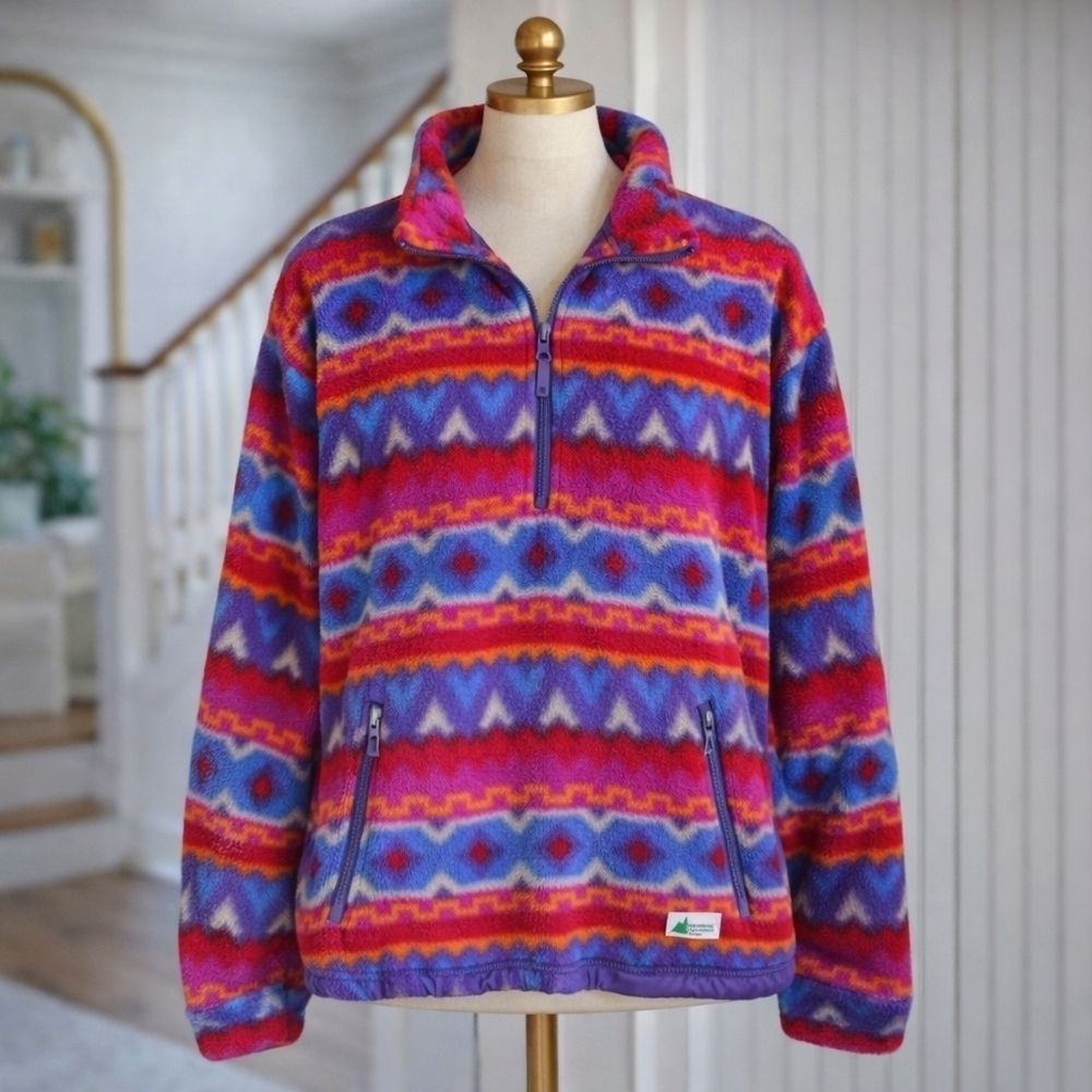 Vintage MEC Aztec Multicolor Three Quarter Zip Fleece Pullover Sweater Large